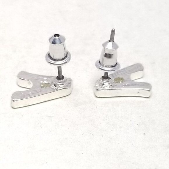 Letter A Stud Earrings, Rhinestone Silver Tone Monogram Initial, Estate - Picture 2 of 5